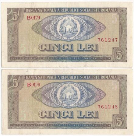 Románia 1966. 5L (2x) 'B.0179 761247-761248' sorszámkövetők T:III kis folt Romania 1966. 5 Lei (2x) 'B.0179 761247-761248' consecutive serials C:F small spot Krause P#93