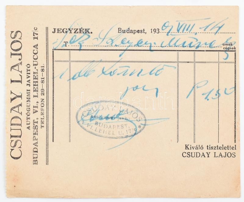 1939 Csuday Lajos autogummi fejléces számla