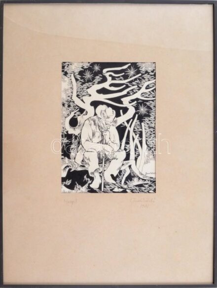 Jurcsák László: Merengő 1988. Tus, papír. Jelzett. Üvegezett alumínium keretben, 18,3x13 cm