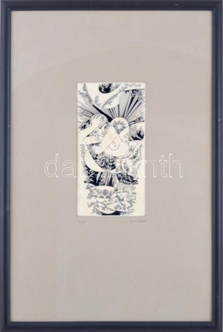 Jurcsák László: Nyár. Tus, papír. Jelzett. Üvegezett alumínium keretben, 24x13cm