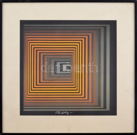 Victor Vasarely (1908-1997): Alagút. Computer print, papír, jelzett a nyomaton. Üvegezett alumínium keretben. Lapméret: 27x27 cm