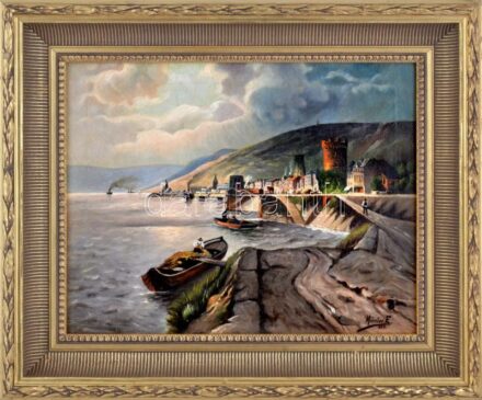Kántor E. 1919 jelzéssel: Kikötő. Olaj, vászon. Dekoratív, díszes fakeretben. Szépen letisztított állapotban. 34,5x44 cm