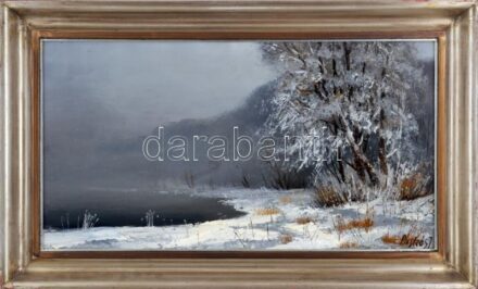 Puskás Imre (1933 - ): Téli táj. Olaj, farost, jelzett kopott fakeretben, 34x63cm
