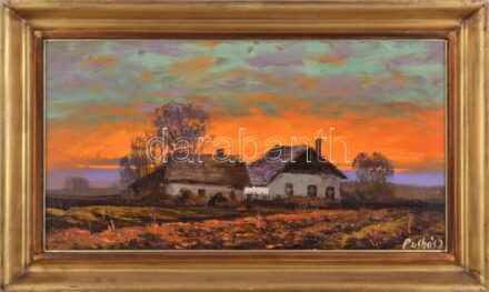 Puskás Imre (1933 - ): Esteledik. Olaj, farost, jelzett kopott fakeretben, 35x65cm