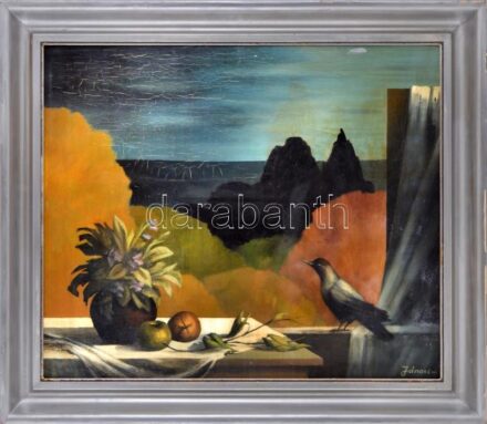 Jánosi Katalin (1951 - ): Madaras csendélet. Olaj, farost, fakeretben, jelzett, 50x60 cm