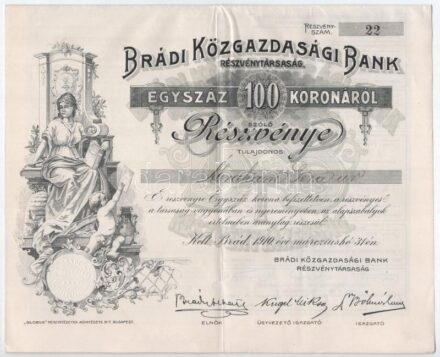 Brád 1910. 'Brádi Közgazdasági Bank Részvénytársaság' névre részvénye 100K-ról, szelvényekkel, szárazpecséttel T:II / Brad 1910. 'Brádi Közgazdasági Bank Részvénytársaság' share with shareholder's name about 100 Korona with