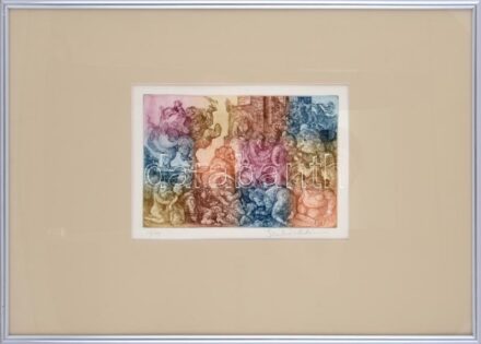 Szabó Vladimír (1905-1991): Zenélő társaság. Színes rézkarc, papír, jelzett. Számozott: 10/100. Üvegezett keretben, 19,5×28,5 cm / Vladimír Szabó (1905-1991): Party with music. Coloured etching on paper, signed. Numbered: 10/100.
