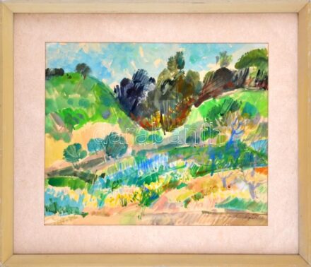 Gulyás Dénes (1927-2003): Tó. Akvarell, papír, jelzett, üvegezett fakeretben, 39×48,5 cm