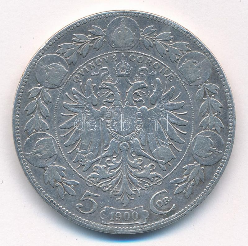 Ausztria 1900. 5K Ag 'Ferenc József' T:2-,3 kis patina Austria 1900. 5 Corona Ag 'Franz Joseph' C:VF,F small patina Krause KM#2807 - Image 2