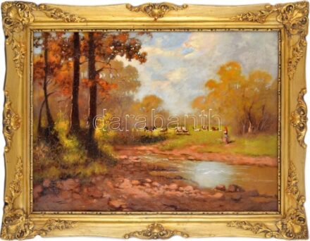 Neogrády László (1896-1962): Teheneket legeltető lány. Olaj, vászon. Szakszerűen letisztított kép. Dekoratív, díszes blondel keretben. Jelzett. 60x80 cm