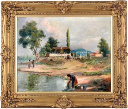 Olvashatatlan jelzéssel: Mosó nő. Olaj, vászon, dekoratív blonjdel fakeretben. 51x64 cm