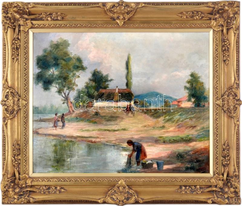 Olvashatatlan jelzéssel: Mosó nő. Olaj, vászon, dekoratív blonjdel fakeretben. 51x64 cm