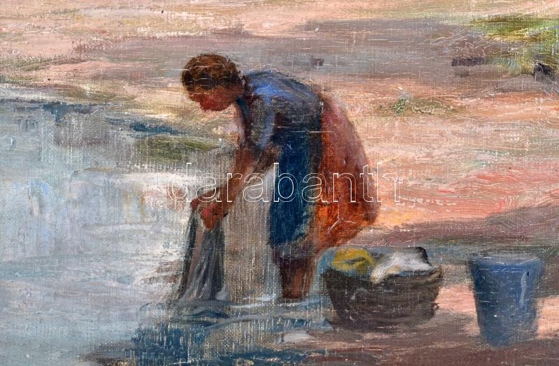 Olvashatatlan jelzéssel: Mosó nő. Olaj, vászon, dekoratív blonjdel fakeretben. 51x64 cm - Image 2