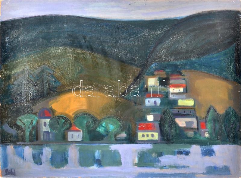 Zöld Anikó (1942-): Táj. Olaj, farost, jelzett. Hátoldalán Képcsarnok Vállalat és Artrend címkéjével. Szélein apró sérülésekkel. 60x80 cm