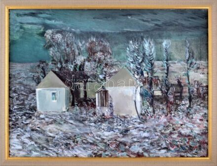 Vecsési Sándor (1930-2015): Tanya, 1973. Olaj, vászon, jelzett. Hátoldalán Képcsarnok Vállalat címkéjével. Dekoratív fakeretben. 60x80 cm