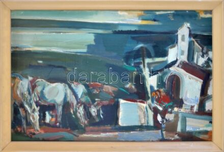 Bencs Gábor (1936-): Táj lovakkal. Olaj, farost, jelzés nélkül. Hátoldalán Képcsarnok Vállalat címkéjével. Fakeretben. 62x94 cm