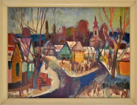 Farkas Lajos (1919-1998): Téli út. Olaj, farost. Jelzett. Hátoldalán autográf felirattal és Képcsarnok Vállalat címkéjével. Fakeretben. 60x80 cm