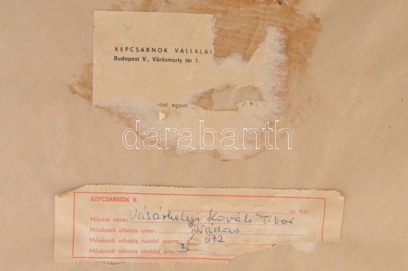 Vásárhelyi Kovács (Kováts) Tibor (1924-1997): Balatoni nádas. Olaj, farost, jelezve jobbra lent. Hátoldalán Képcsarnok Vállalat címkéjével. Dekoratív fakeretben, 50×60 cm - Image 3