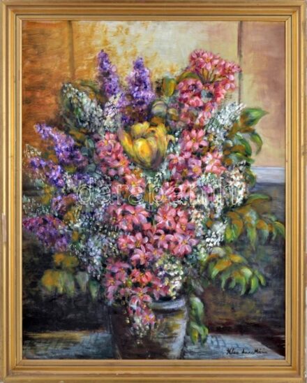 Klie Annamária (1931-2013): Orgona csokor. Olaj, farost, jelezve jobbra lent. Hátoldalán autográf felirattal. Dekoratív, kissé sérült fakeretben, 64×50 cm