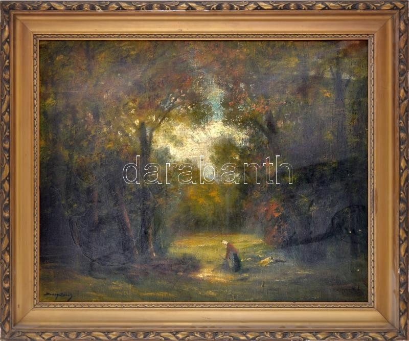 Olvashatatlan (... János) jelzéssel: Rőzseszedő. Olaj, vászon. Dekoratív, sérült fakeretben, 58,5×73 cm