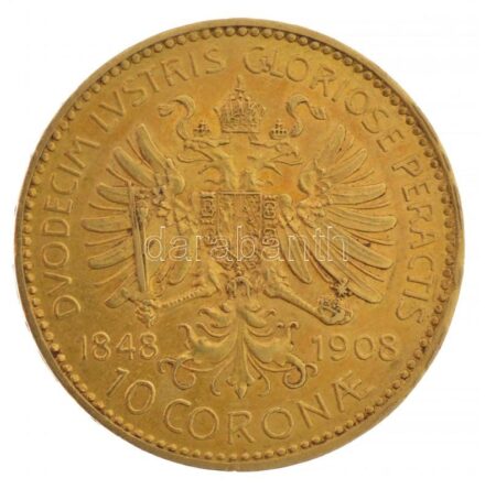Ausztria 1908. 10K Au 'Ferenc József uralkodásának 60 éves jubileuma' (3,37g/0.900) T:1- kis ph Austria 1908. 10 Corona Au 'Franz Joseph - 60th Anniversary of Reign' (3.37g/0.900) C:AU small edge error Krause KM#2810