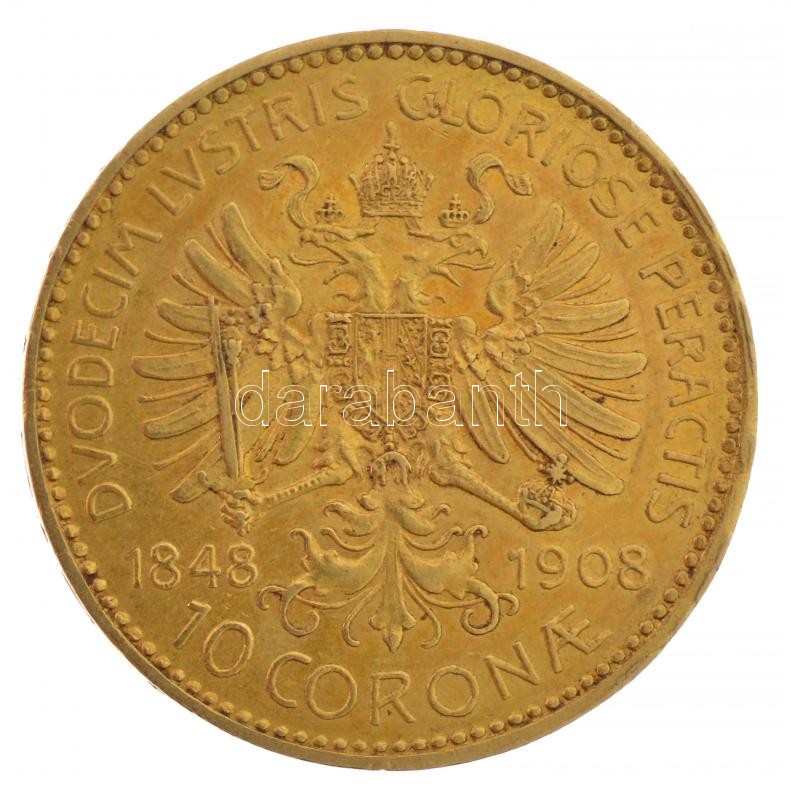 Ausztria 1908. 10K Au 'Ferenc József uralkodásának 60 éves jubileuma' (3,37g/0.900) T:1- kis ph Austria 1908. 10 Corona Au 'Franz Joseph - 60th Anniversary of Reign' (3.37g/0.900) C:AU small edge error Krause KM#2810