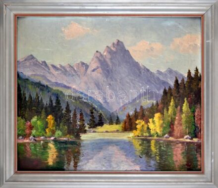 Ney László (1900-1965): Hegyvidéki táj. Olaj, karton, jelzett. Apró sérüléssel. Dekoratív, sérült fakeretben. 54,5x65 cm / Lancelot Ney (1900-1965): Mountains. Oil on board, signed. Small damage. Framed. 54,5x65 cm