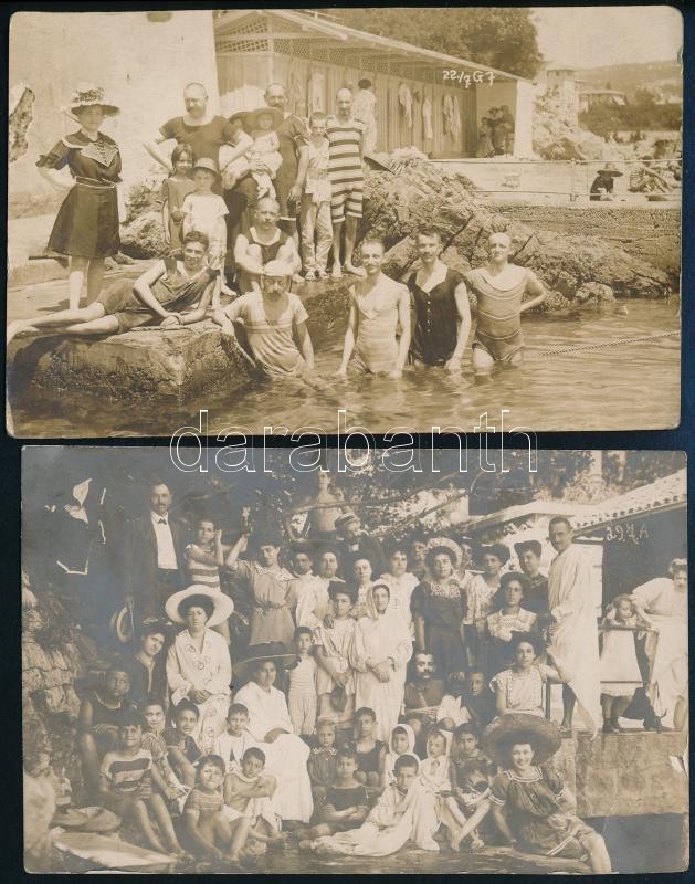 cca 1910 Abbázia, fürdőzők és csoportkép hölgyekkel a kor divatjával, 2 db hátoldalán Atelier Betty pecsétjével jelzett vintage fotólap, törésnyomokkal, kopásnyomokkal, 9x14 cm