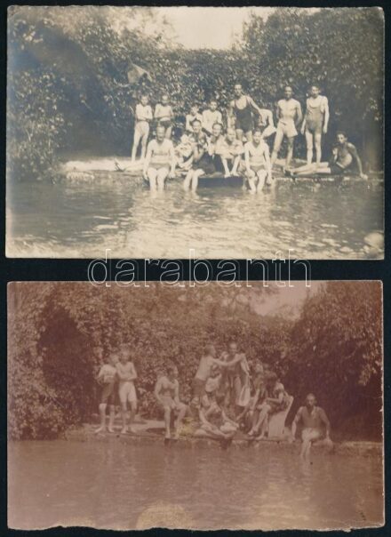 1924 Mátraháza, fürdőzők csoportképe, 2 db hátoldalán feliratozott vintage fotó, 6x9 cm
