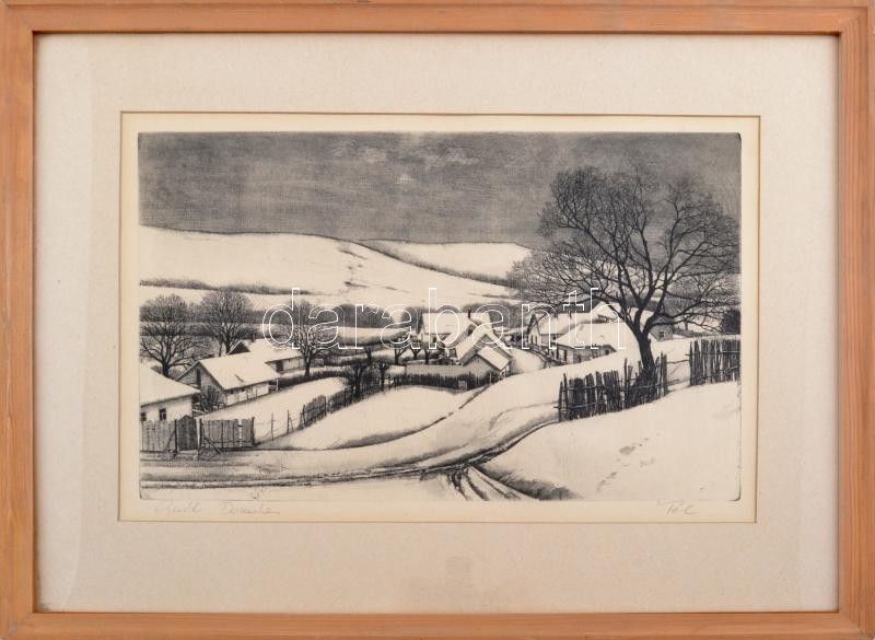 Gaál Domonkos (1940-2009): Tél. Rézkarc, papír, jelzett, üvegezett fakeretben, 26×40cm