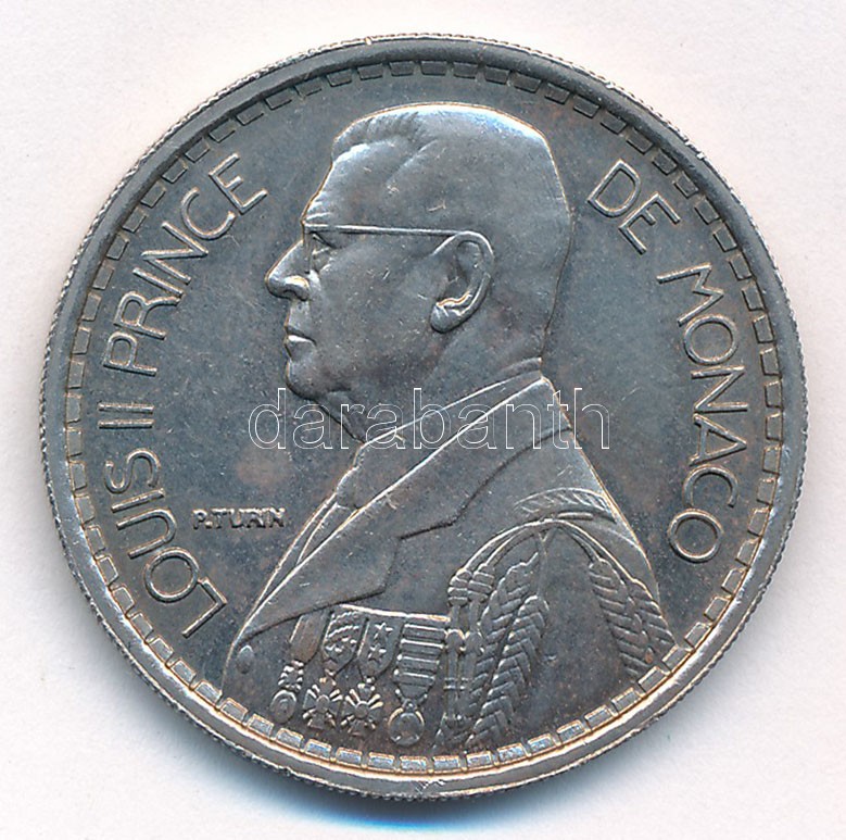 Monaco 1945. 20Fr Cu-Ni 'II. Lajos' próbaveret T:1-,2 patina Monaco 1945. 20 Francs Cu-Ni 'Louis II' pattern C:AU,XF patina Krause KM#E20