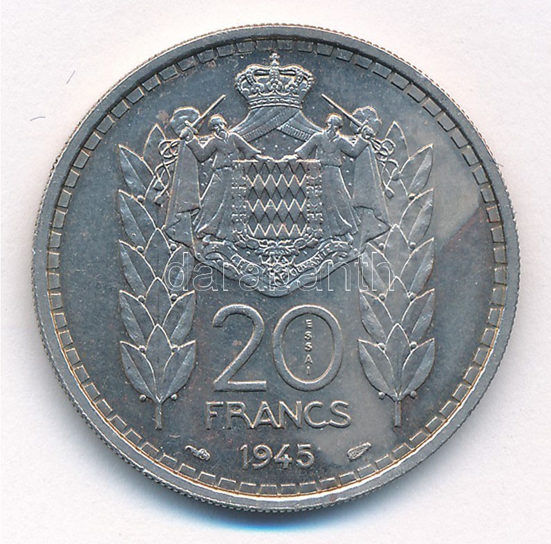 Monaco 1945. 20Fr Cu-Ni 'II. Lajos' próbaveret T:1-,2 patina Monaco 1945. 20 Francs Cu-Ni 'Louis II' pattern C:AU,XF patina Krause KM#E20 - Image 2