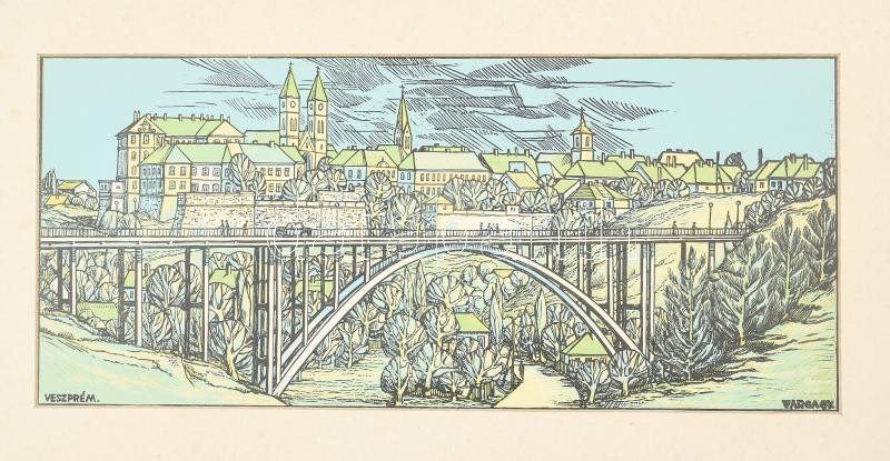 Varga Gyula (1935-2002): Veszprém. Linómetszet, papír, jelzett a metszeten. Paszpartuban. 21,5x49 cm