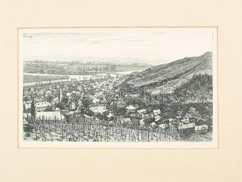 Csisztu Mihály (1933-2008) Tokaj. Rézkarc, papír. Jelzett. Számozott: 80/100, 19,5x34 cm. Paszpartuban.