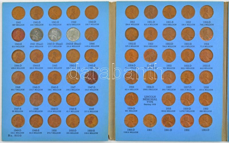 Amerikai Egyesült Államok 1941-1962D 1c (60xklf) gyűjtemény, használt állapotú Whitman-rendszerű albumba rendszerezve, minden évjárat és verde jel T:vegyes USA 1941-1962D 1 Cent (60xdiff) coin collection, organized in Whitman folder