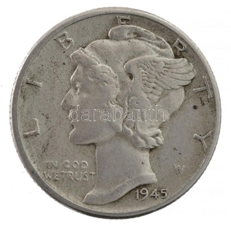 Amerikai Egyesült Államok 1945. 1d Ag 'Mercury' T:2USA 1945. Dime Ag 'Mercury' C:XF Krause KM#140 - Image 2