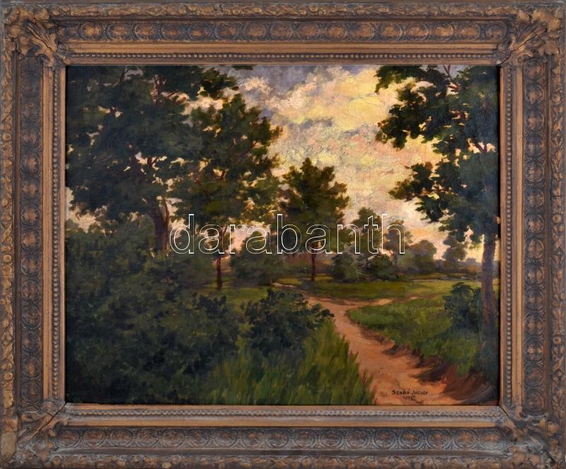 Szabó József (1890-1955): Zöldellő táj, 1932. Olaj, vászon, jelzett. Dekoratív, sérült fakeretben. 55×68,5 cm.