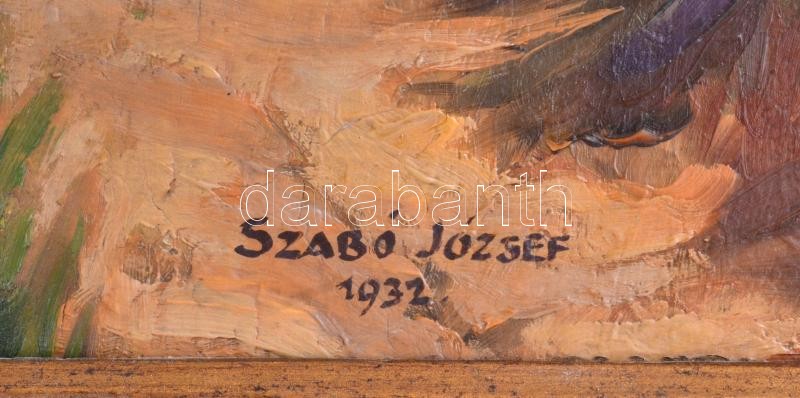 Szabó József (1890-1955): Zöldellő táj, 1932. Olaj, vászon, jelzett. Dekoratív, sérült fakeretben. 55×68,5 cm. - Image 2