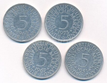 NSZK 1951J-1973D 5M Ag (4xklf) T:2,2- ph FRG 1951J-1973D 5 Mark Ag (4xdiff) C:XF,VF edge error Krause KM#112