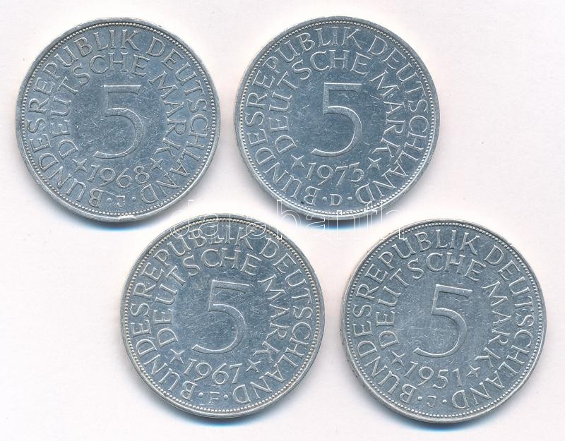 NSZK 1951J-1973D 5M Ag (4xklf) T:2,2- ph FRG 1951J-1973D 5 Mark Ag (4xdiff) C:XF,VF edge error Krause KM#112