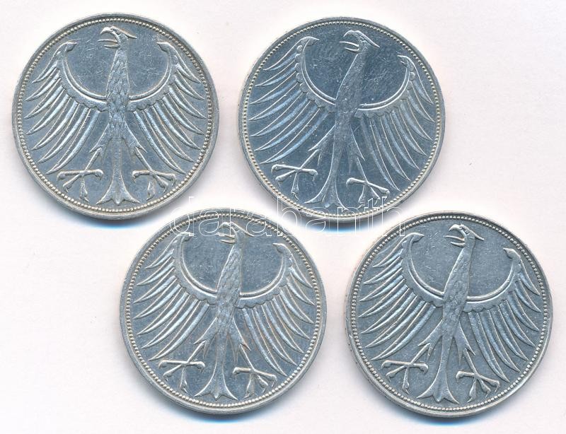 NSZK 1951J-1973D 5M Ag (4xklf) T:2,2- ph FRG 1951J-1973D 5 Mark Ag (4xdiff) C:XF,VF edge error Krause KM#112 - Image 2