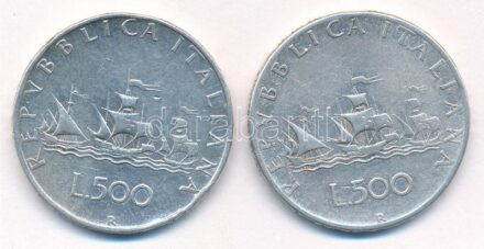 Olaszország 1959R-1966R 500L Ag (2xklf) 'Kolumbusz hajói' T:2- ph, karc Italy 1959R-1966R 500 Lire Ag (2xdiff) 'Columbus' Ships' C:VF edge error, scratch Krause KM#98