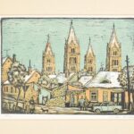 Réti Mátyás (1922-2002): Pécsi részlet. Színes linómetszet, papír, jelzett. Paszpartuban. 28x39 cm