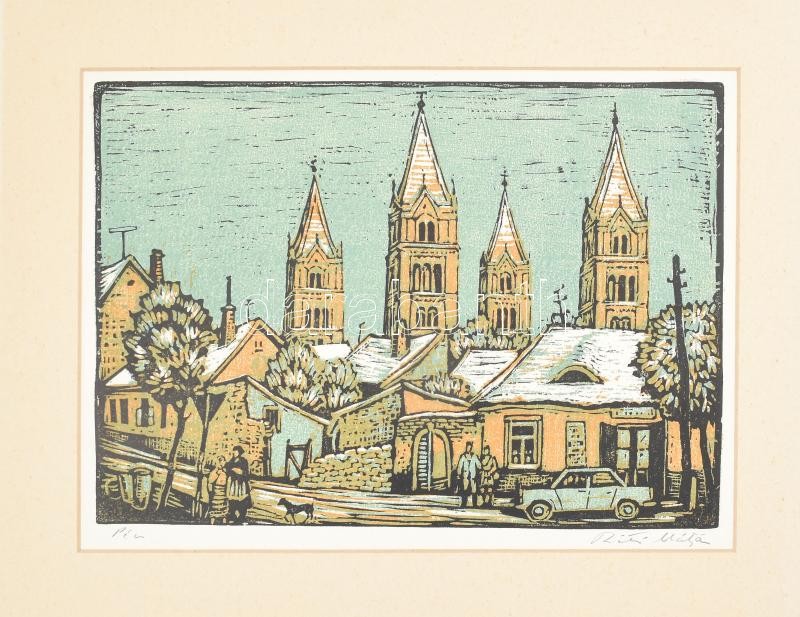 Réti Mátyás (1922-2002): Pécsi részlet. Színes linómetszet, papír, jelzett. Paszpartuban. 28x39 cm