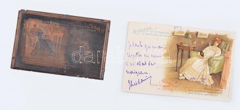 1900 Francia képeslap litográfia. Hozzá a kép réz nyomólemeze 12x8 cm