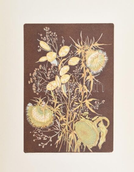 Lunczer Anikó (1942-): Kis ikebana. Színes linómetszet, papír, jelzett, művészpéldány E.A. jelzéssel, számozott (77/100). Hátoldalán Koller Galéria bélyegzőjével. 30,5×21,5 cm