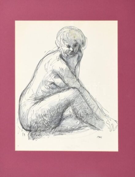 Bod László (1920-2001): Ülő női akt, 1966. Filctoll, papír, jelzés nélkül. Hátoldalán hagyatéki bélyegzővel. 34x27 cm. Paszpartuban.