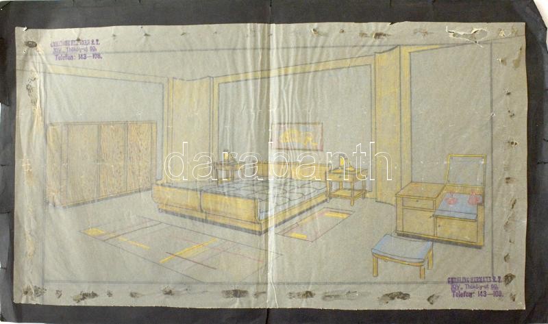 cca 1940 Enteriőr terv korabeli modern bútorokkal, Hermann Gmehling bőr és bőrbútor gyárának pecsétjével. Ceruza, kréta, pauszpapír, papírra kasírozva, sérült, 24,5x45 cm