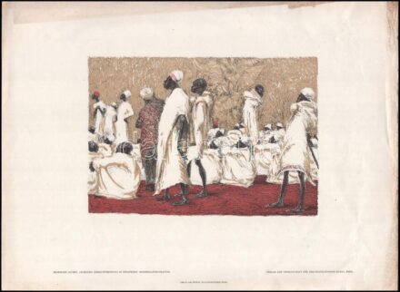 Meinhard Jacoby (1873-1956): Schauri (Kelet-Afrikai jelenet), 1920-as évek. Litográfia, jelzett a litográfián, lap széle kissé foltos és törésnyomokkal. 16x23 cm