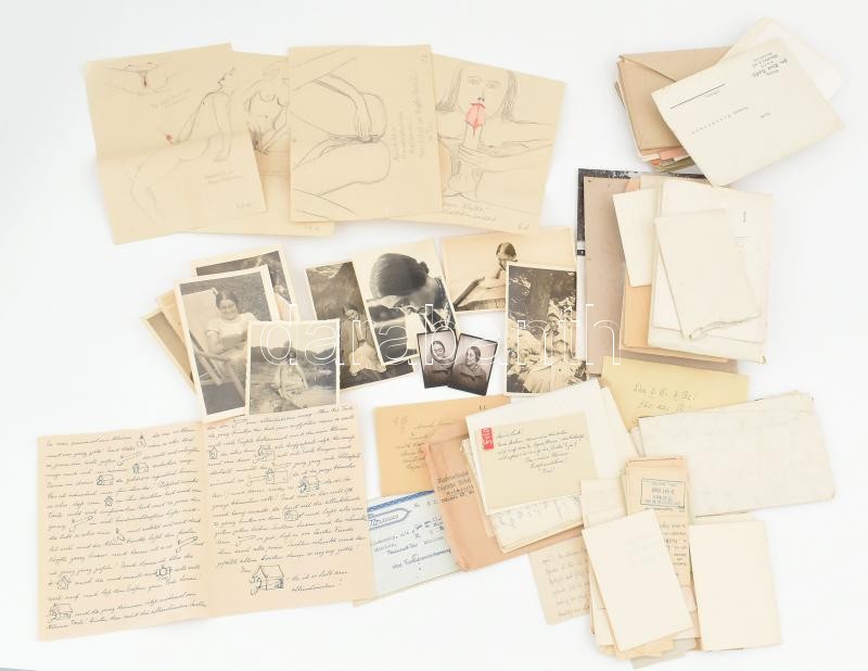 cca 1935-1940 Erotika a 3. birodalomban. Két, náci párttag fiatal erotikus tartalmú levelezése és kapcsolódó okmányok, rajzok. Fotók, közötte erotikus, porno rajzok, szerelmes levelek náci fejléces papírok, reklámok, stb